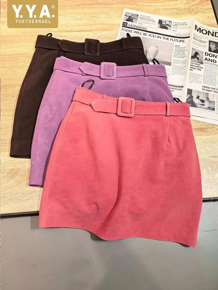 

Women Autumn New Sexy Night Clubwear Mini Wrap Skirt Belted Real Suede Leather Skirts Slim Fit Office Ladies Work Short Skirt