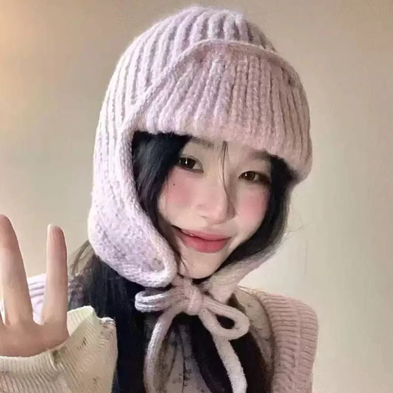 Fashion Flight Hat Women Korean Knitted Wool Women Ear Protection Slim Face Style Leifeng Cap Coldproof Outdoor Cozy Beanie