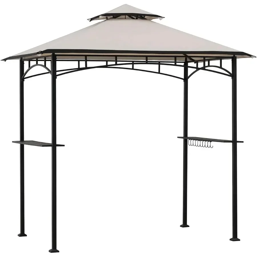 8x5 ft Grill Gazebo with Double Tiered Canopy Roof, Black Steel Frame Grill Gazebo for Outdoor, Patio, Garden, and Backyard A
