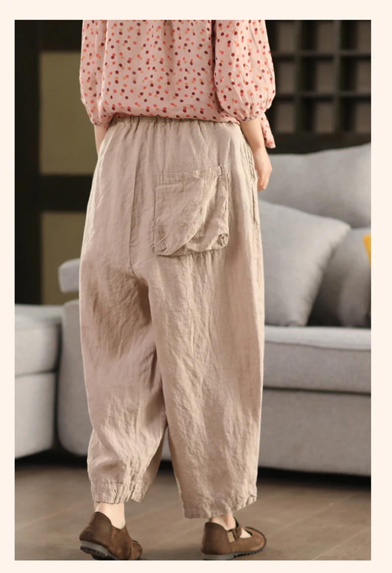 Natural Pure Linen Women's Long Pants, Loose and Retro Style, Baggy Pants, Large-sized Wear, Outdoor Casual, Comfortable Cool