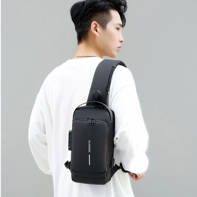 Sling Bag for Men with USB Charging Port Combination Lock Reflective Stripe Chest Bag Crossbody Shoulder Bag for Hiking