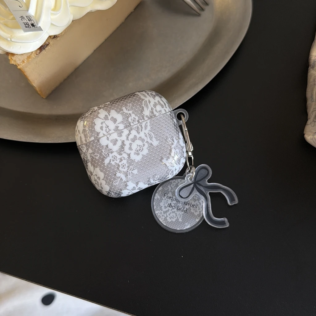 French Style Vintage Grey Lace White Flower With Pendant Shock Proof Earphone Cover Case for AirPods 1 or 2 3 4 5 Pro 2 Pro 3