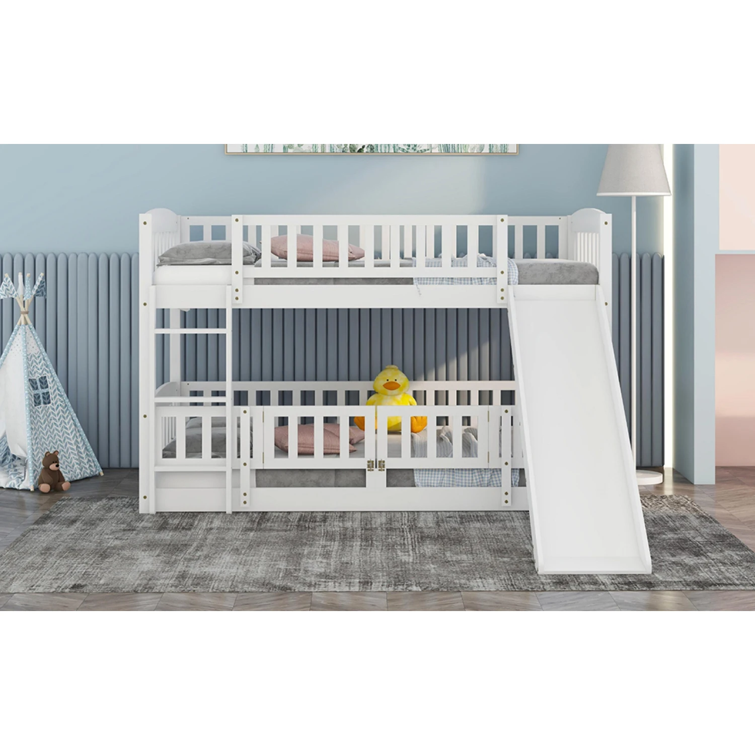 Twin Over Twin Bunk Bed with Slide, Fence, Ladder - White - Kids & Teens