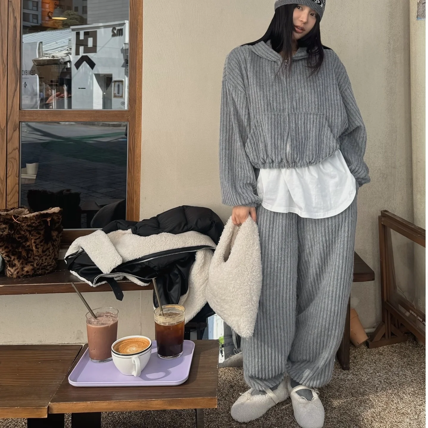 

Корейский шикарный свитер Spor Faion, топ, повседневные утягивающие широкие брюки, комплект из двух предметов, женский зимний ансамбль, длинный свек