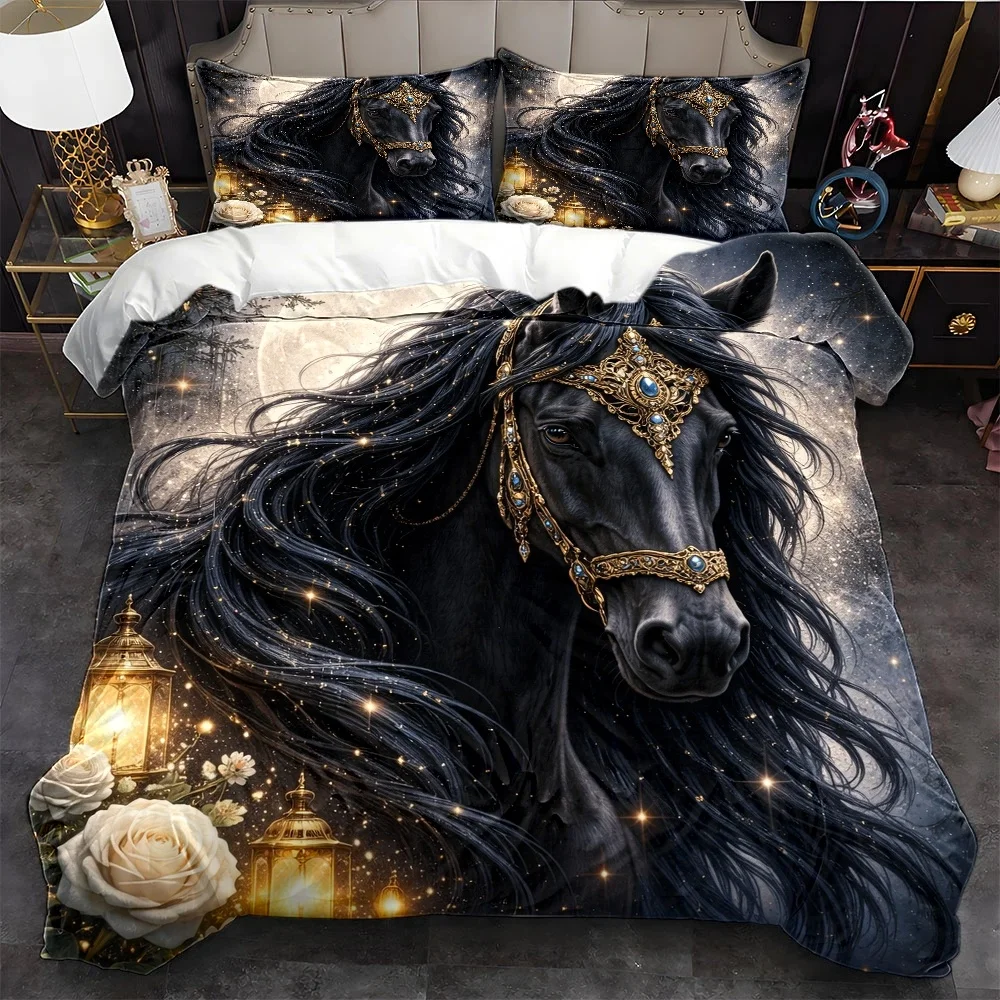 3Pc Dreamy Moonlit Night Black Horse Duvet Cover Set, 1*Duvet Cover + 2*Pillowcases, Bedding Three-Piece Set, Includes Personal Bedspread, Suitable for Home, Dormitory, Master Bedroom, Guest Room, All Seasons, Machine Washable, Invisible Zipper Bedding Set, Diamond-Embellished Black Horse and White Rose Lantern Print Bedding Set, Large Duvet Cover Set, Light Luxury Style Bedroom Bedding Set, 2D Flat Print