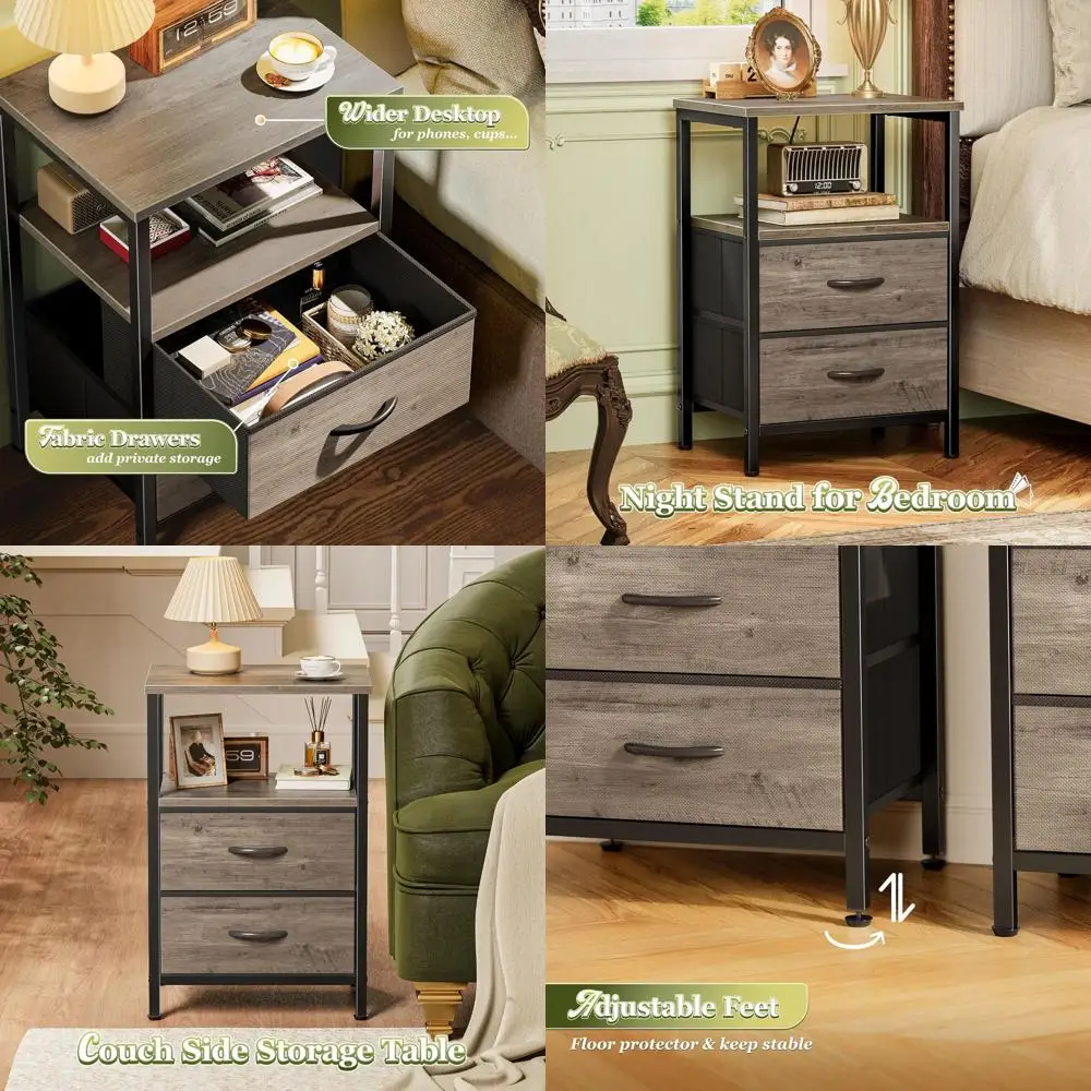 

Pair of Wooden Nightstands with Drawers and Open Shelf, Oak Print Fabric Drawers, Bedroom Side Tables
