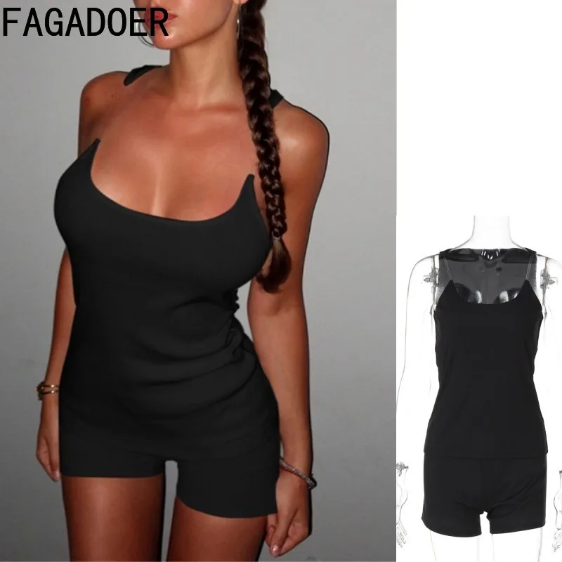 

FAGADOER Sexy ribbing Bodycon Romper Women Solid Spaghetti Strap Sleeveless Backless Skinny Jumpsuit female Sportswear overalls