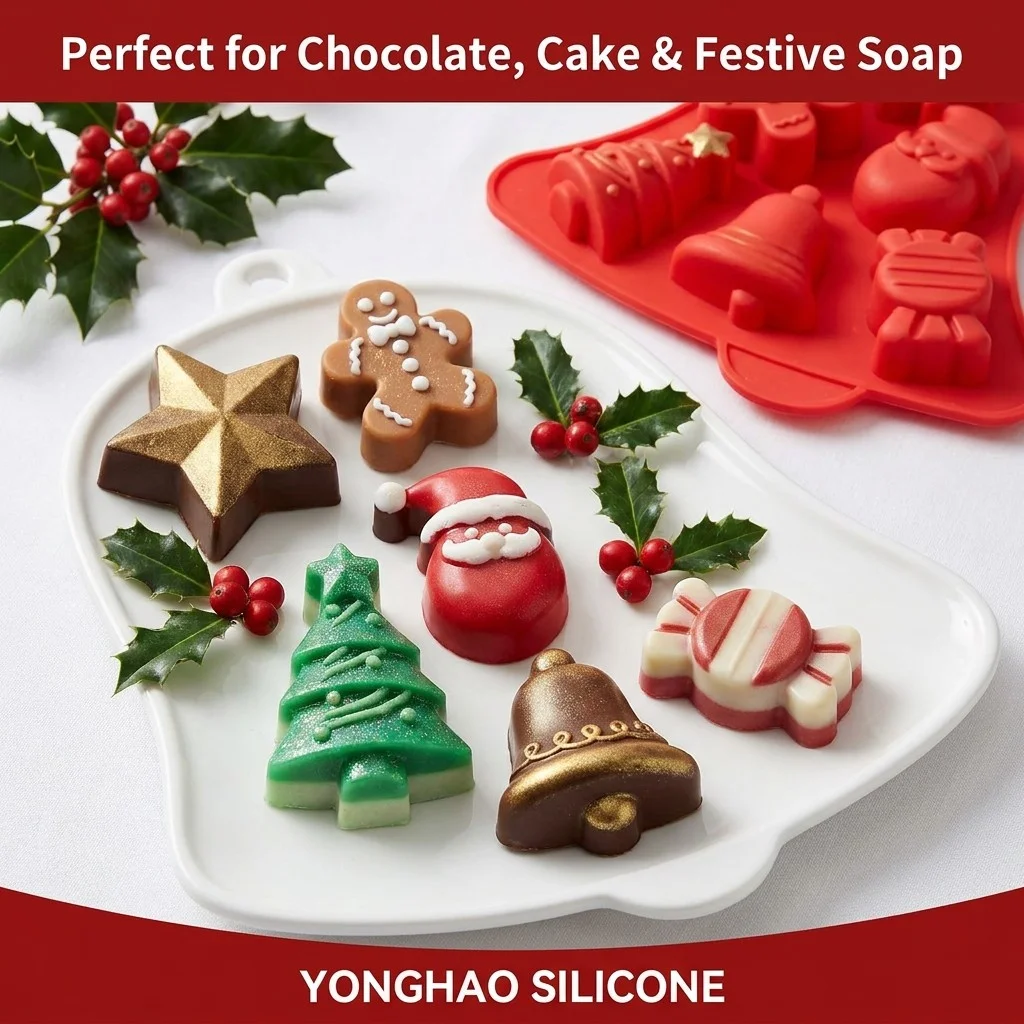 Xmas Theme Silicone Mould 6‑Cavity Bell Gingerbread Man Santa Claus Tree Star Candy Mold For Baking Chocolate Handmade Soap