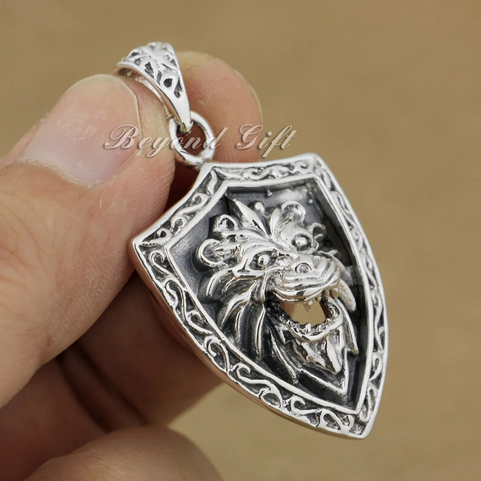

925 Sterling Silver Lion Shield Pendant Biker Rocker Punk Jewelry 9R011