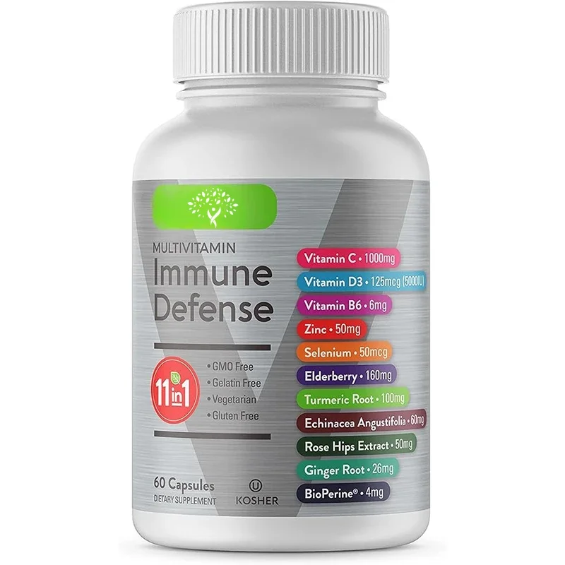 11 In 1 Complex Vitamin Immune Defense Supplement - Vitamin C, D3, B6, Zinc, Elderberry, Echinacea, Turmeric, Rosehip, Ginger