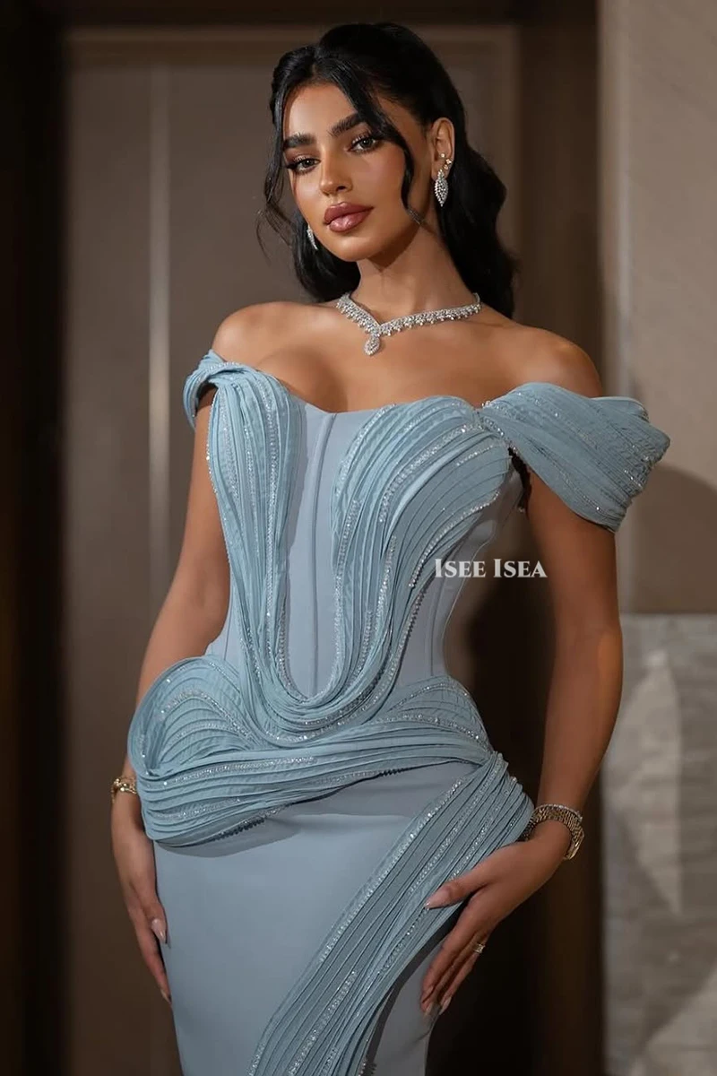 프릴이 달린 이브닝 드레스 Strapless Mermaid 섹시한 스플릿 사우디 공식 행사 이브닝 가운 맞춤형 vestidos de noche