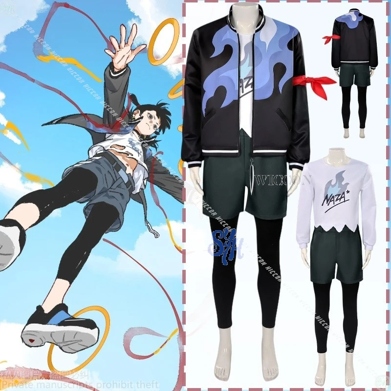 

The Legend Of Hei 2 Naza Cosplay Black Jacket Punk Flame Print Shorts Leggings Halloween Christmas