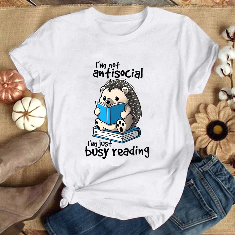 2025 Nuovo riccio Non sono antisociale Sono solo occupato Lettura Stampa T-shirt Donna Carino stampato Top Estate Manica corta Girocollo