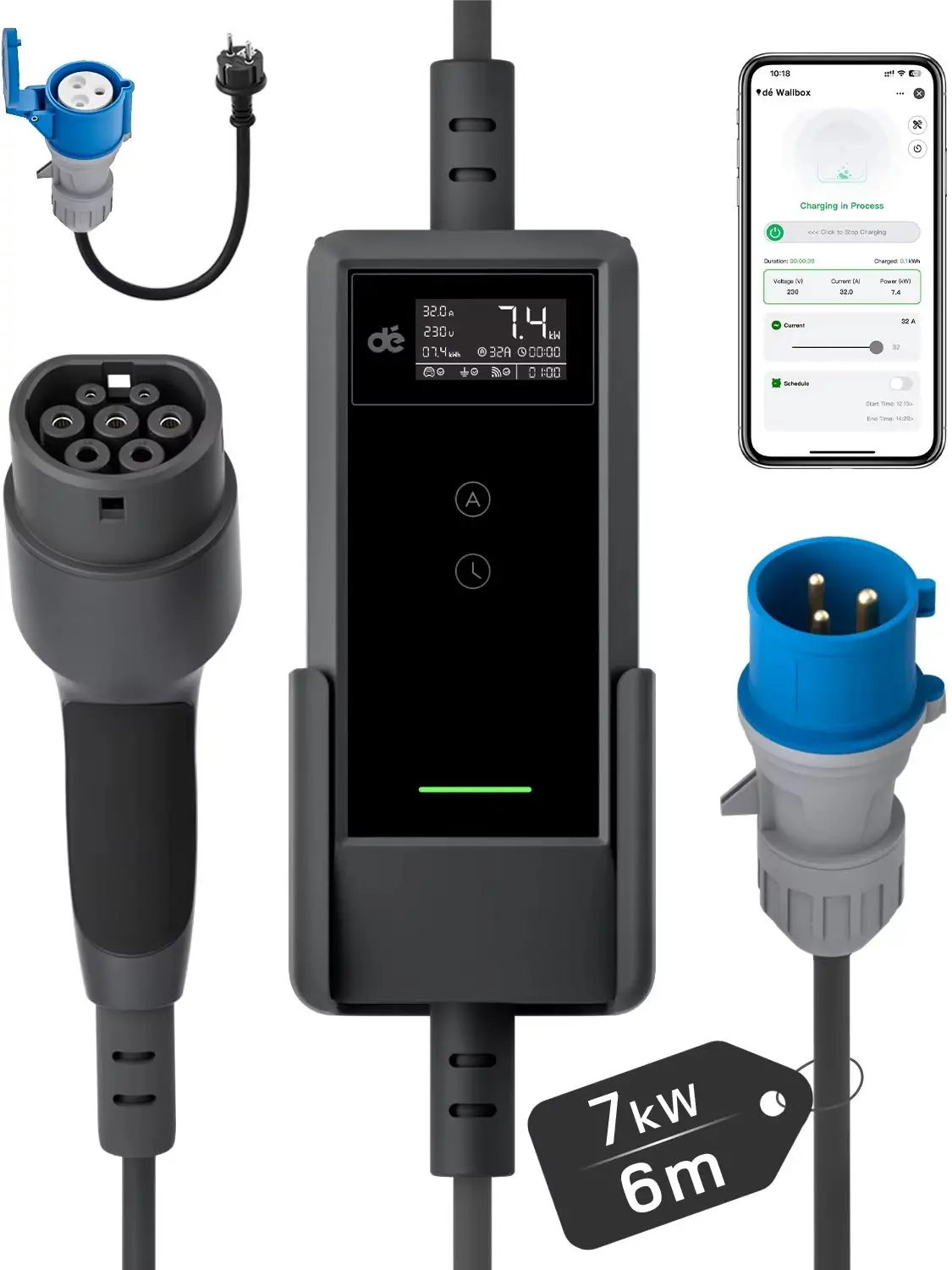 dé EV-Ladegerät 7,4kW Typ 2 APP WiFi 32A 1-phasig RCD Typ A 30mA (AC) & 6mA (DC) Steuerung Schnellladung Elektroauto-Ladegerät 6m 8m 10m 15m 20m 25m Ladekabel