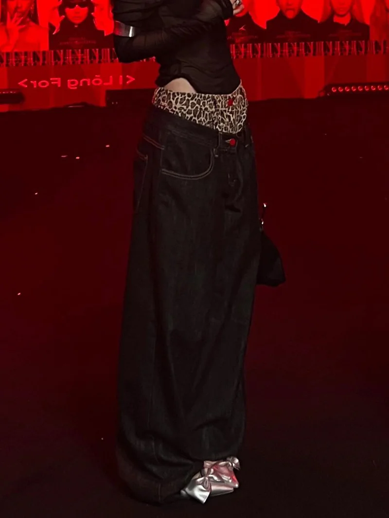 

Джинсы с прямыми штанинами в американском стиле High Street Design для мужчин и женщин, летние винтажные деконструированные леопардовые принты в стиле пэчворк длиной до пола...