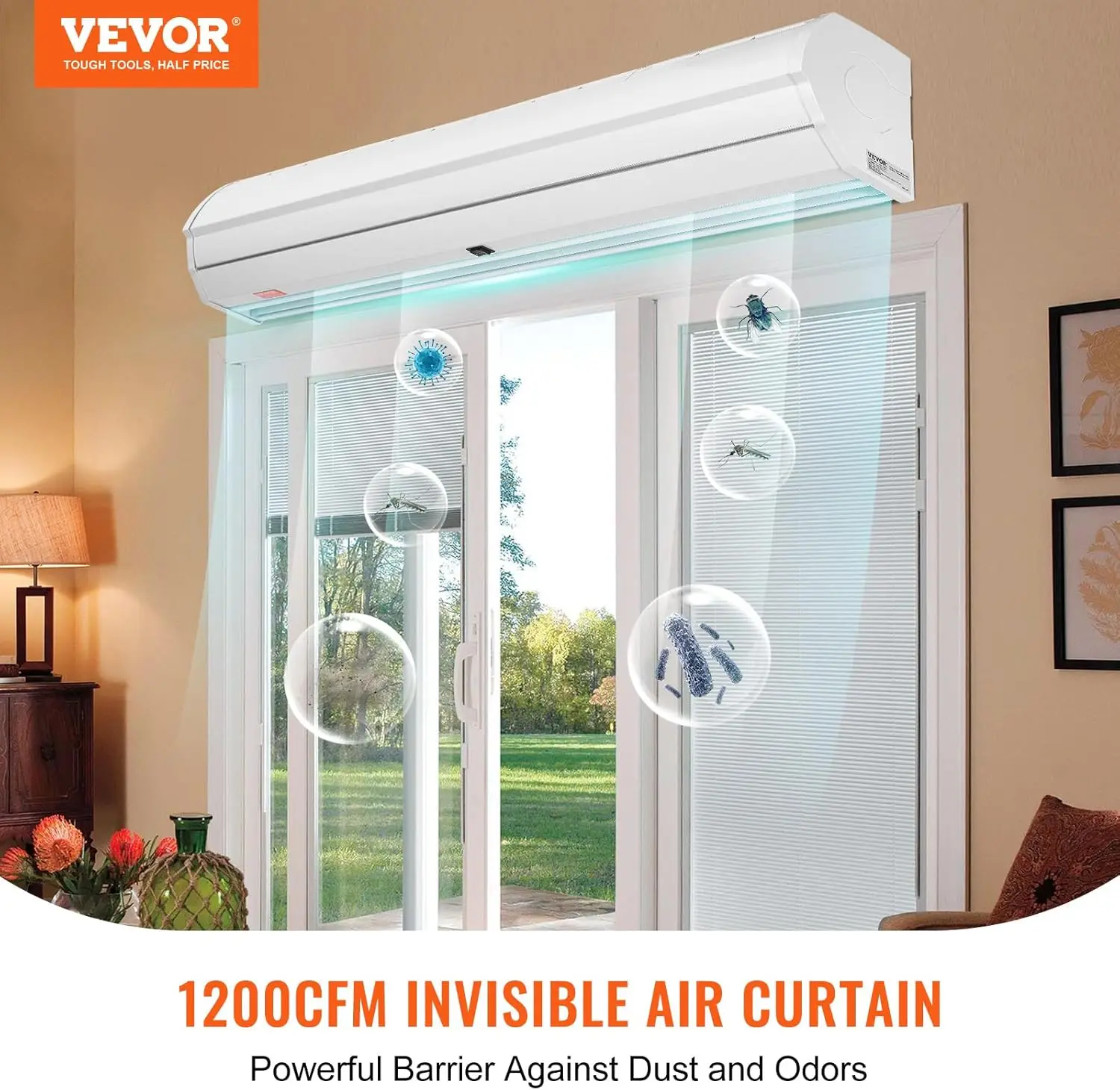 ستارة هوائية داخلية تجارية مقاس 48 بوصة قوة فائقة 2 سرعات 1200CFM، ستائر هوائية مثبتة على الحائط للأبواب، مروحة داخلية فوق الباب مع