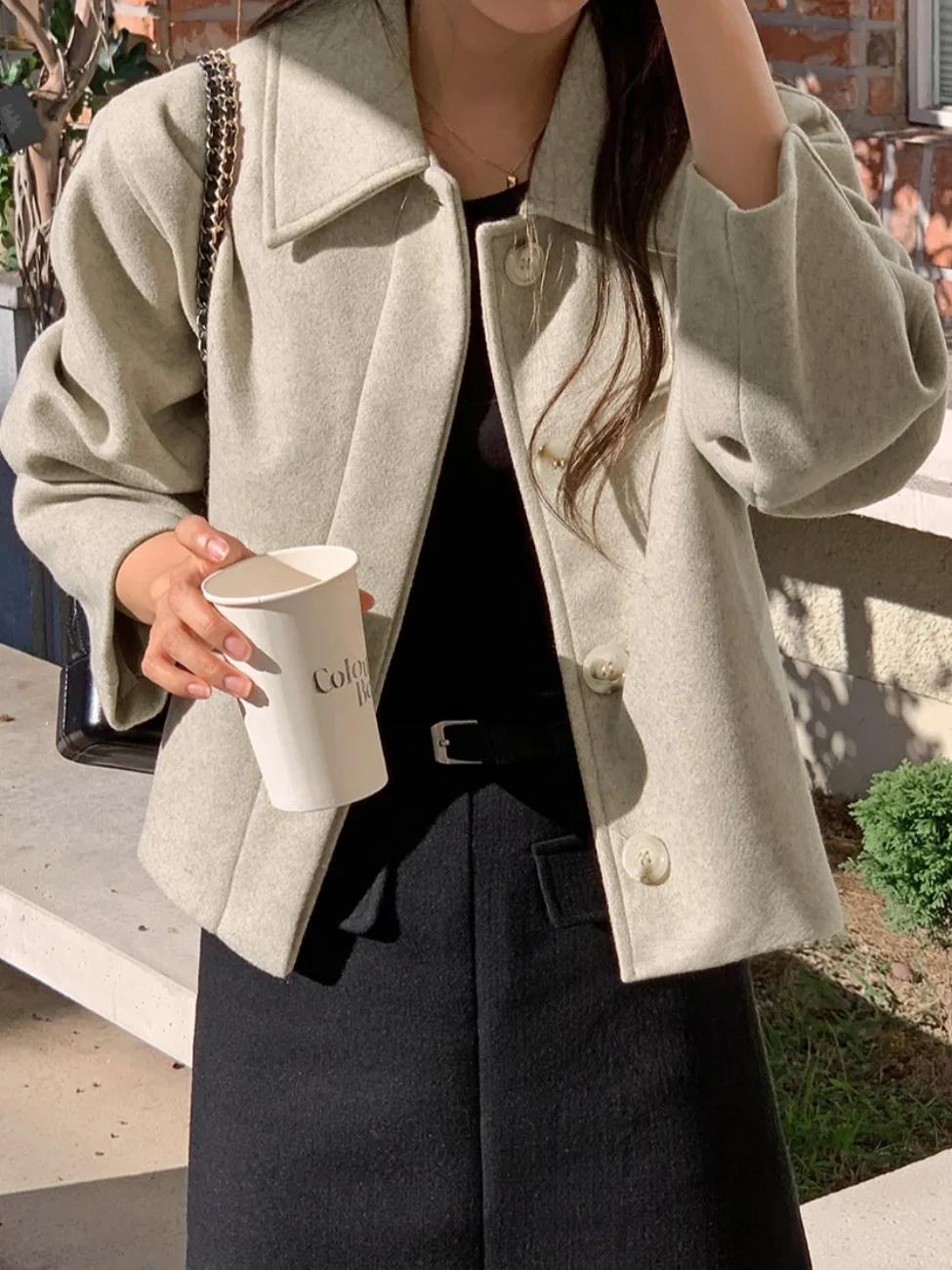

Chic Winter Short Pure Color Fashion Turn-down Collar Unique Design Single Button Women's Woolen Coat Trendy Korean Style