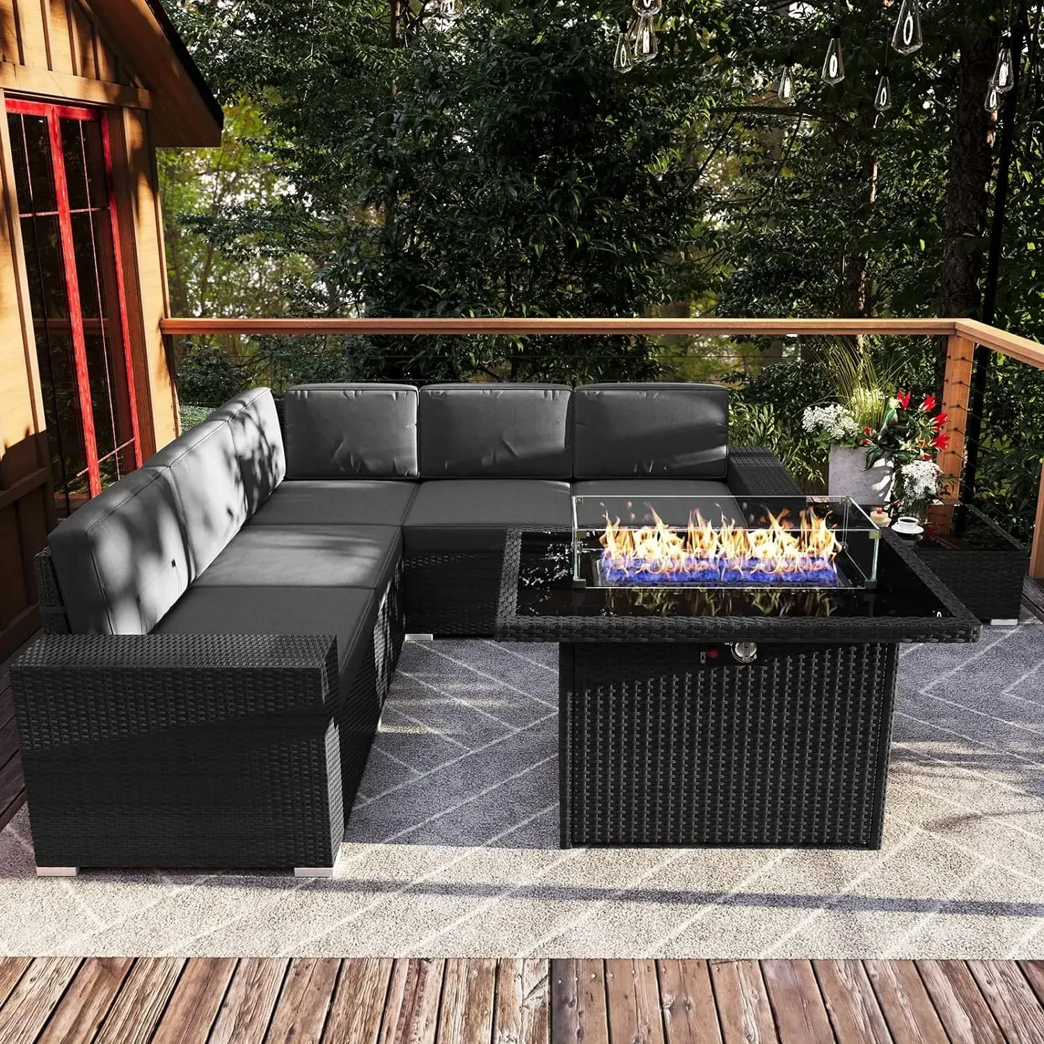 

A Patio Furniture Set with 44" Propane Gas Fire Pit Table, Outdoor Sectional Wicker Conversation Sofa Sets with Coffee Table