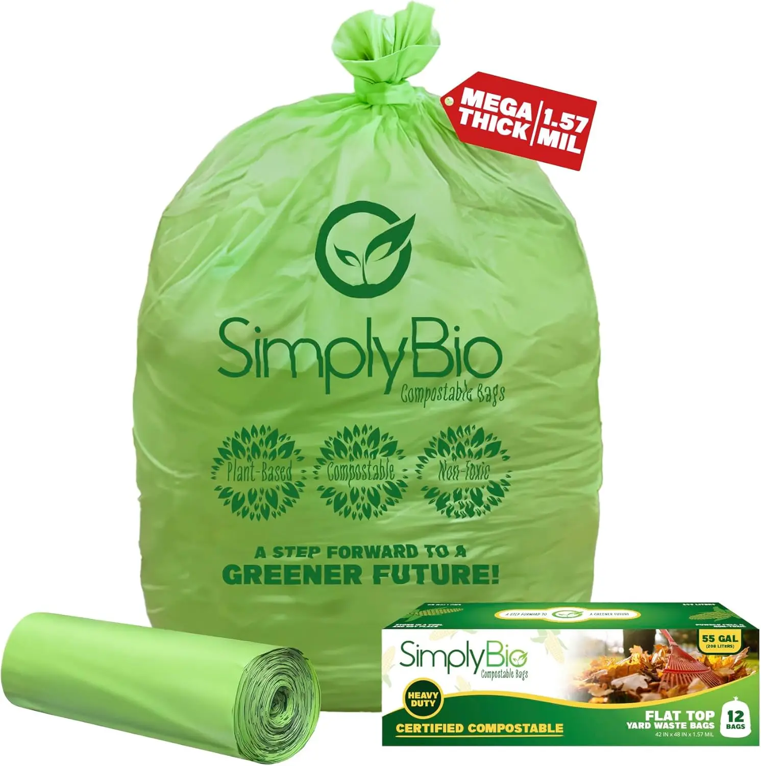 

50-55 Gallon Compostable Trash Bags Heavy Duty 1.57 Mil 208.2 Liter 12 Bags for Lawn Yard and Restaurant Use