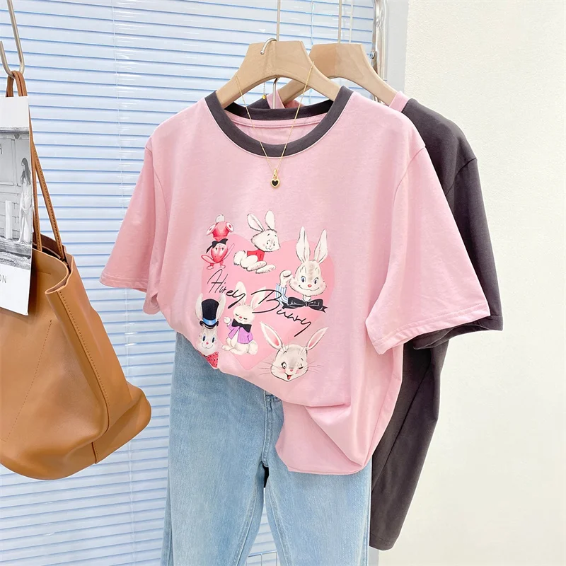 

plus Size 300 Pounds Retro Cartoon Print Rabbit Loose Slimming Color Block round Neck Short Sleeve T-Shirt Women's Fat MM Top