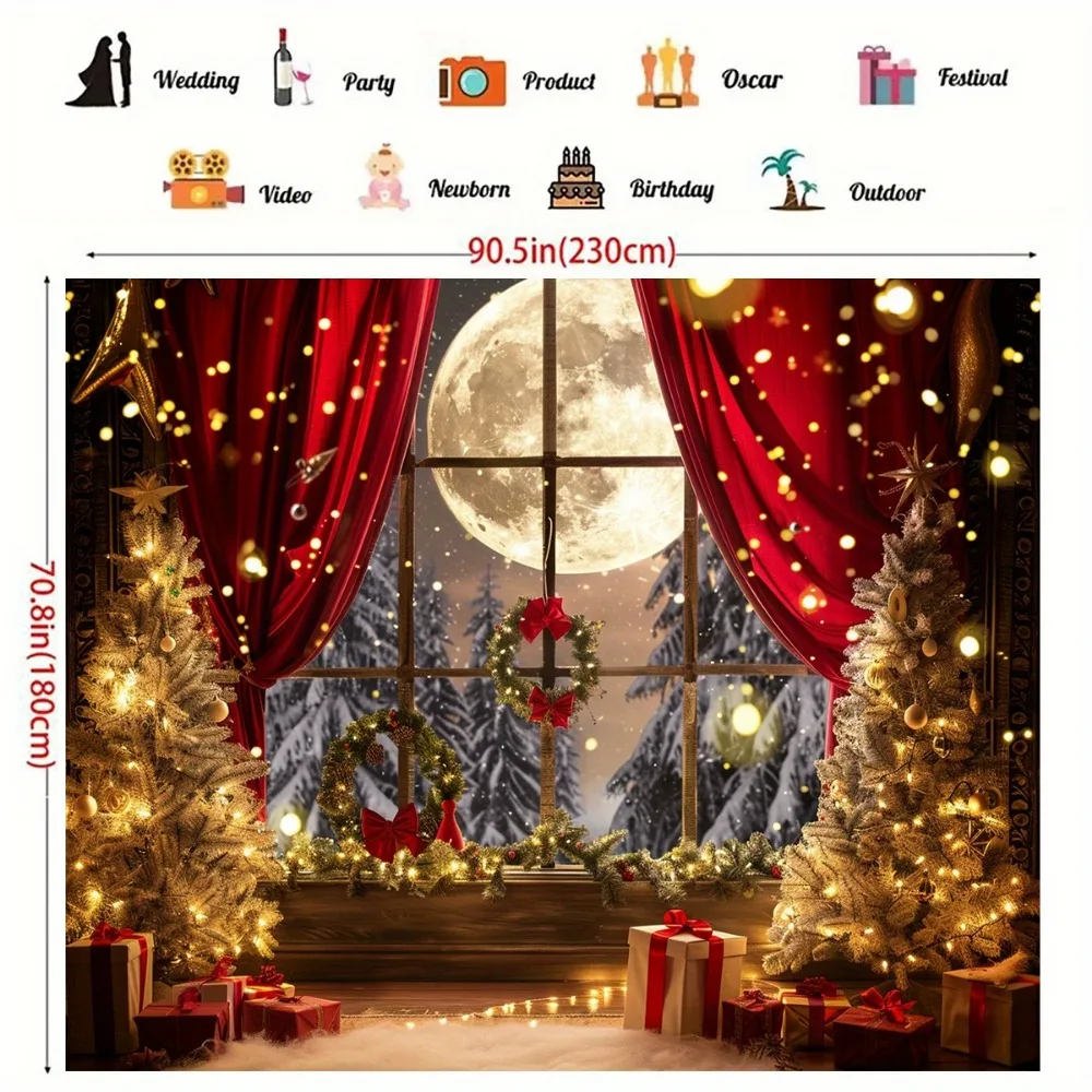 Christmas tree and moon window background banner, 1 polyester photographic background cloth