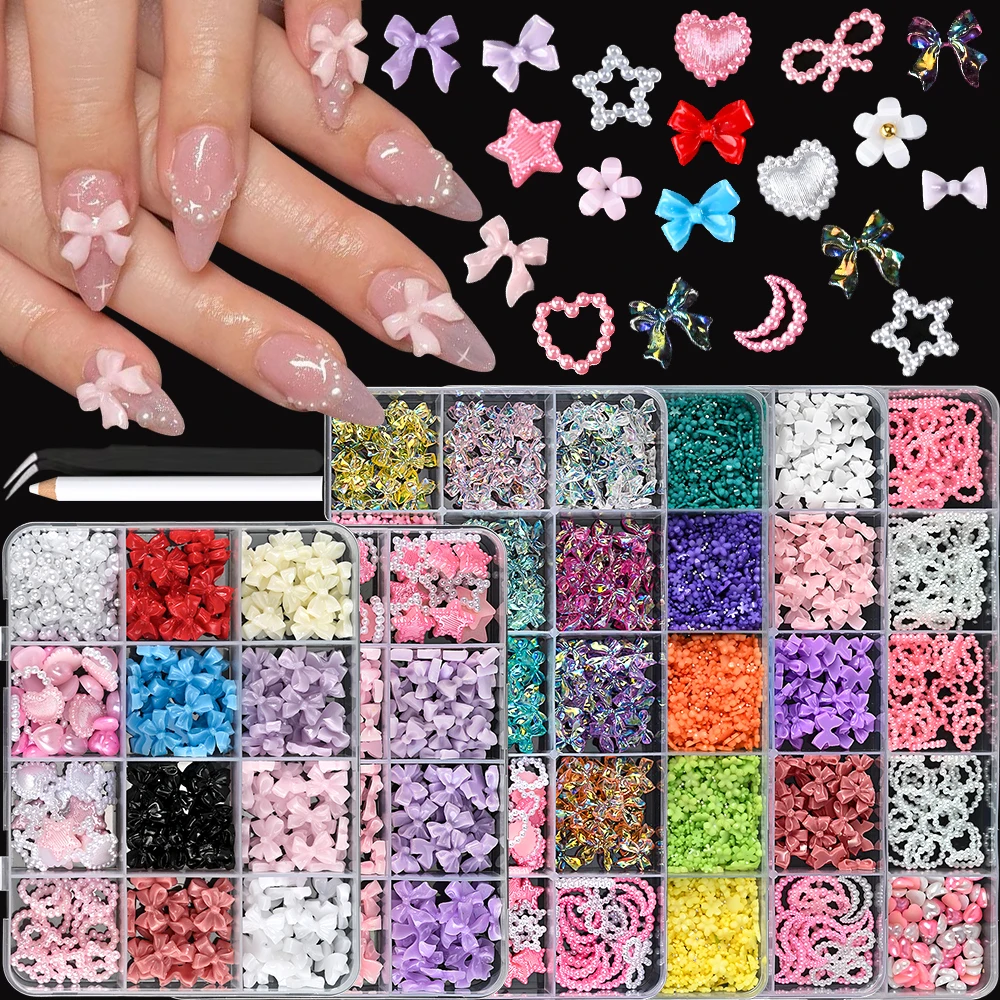 12/15Grids Mixed Cute Resin Nail Charms 3D Bowknots/Heart/Flower Kawaii Nail Art Decoration Boxed Nail Gems With Picking Tools