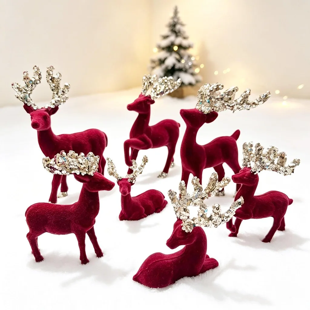 Burgundy Flocked Sequined Reindeer Figurine Christmas Tabletop Decorative Ornament for Holiday Home Party Decoration