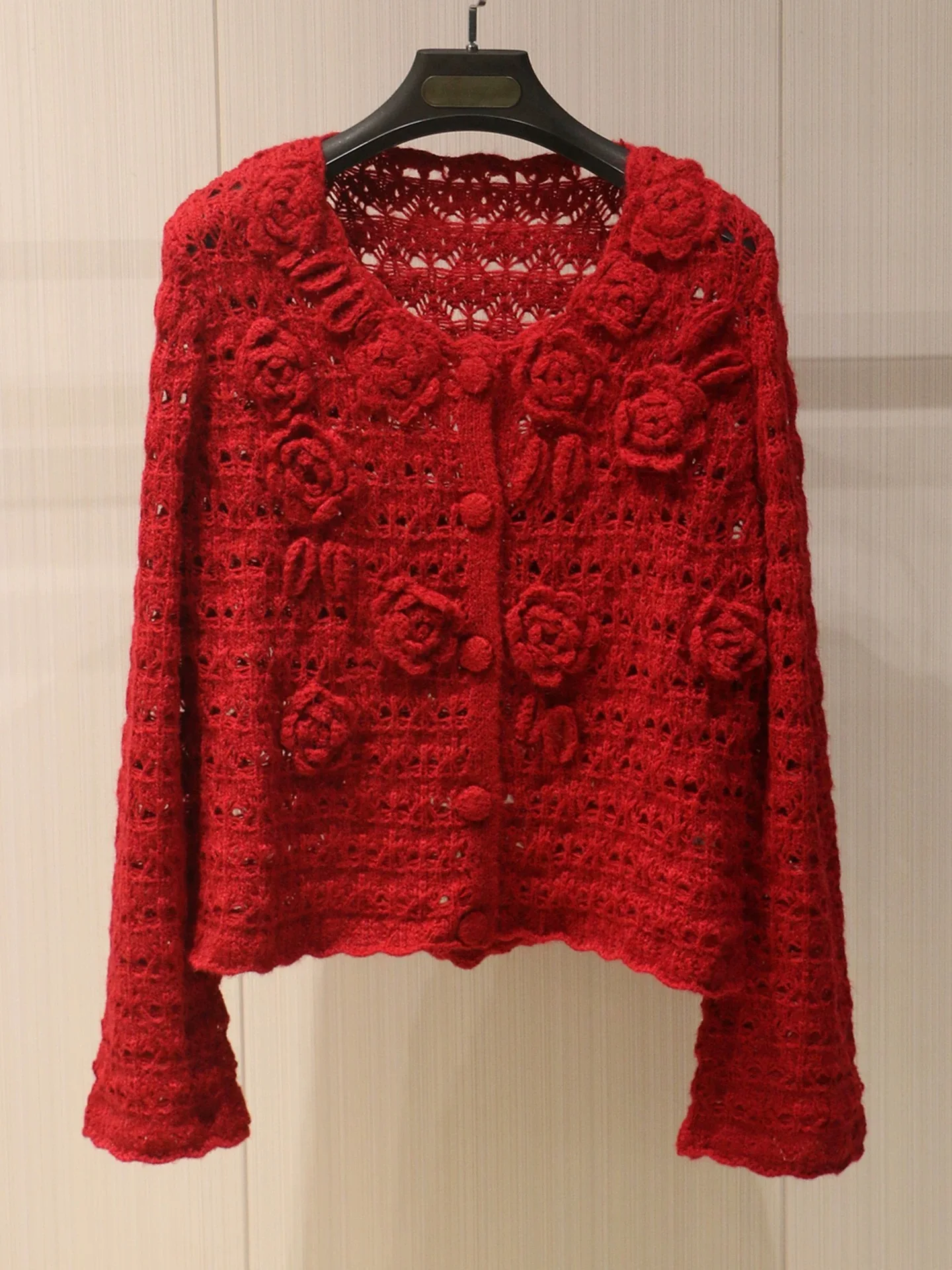 

Retro Red 3D Flower Long Sve Knitted Open Cardigan Women's Autumn Winter Slimming Versatile Sweater High-End Feeling Top