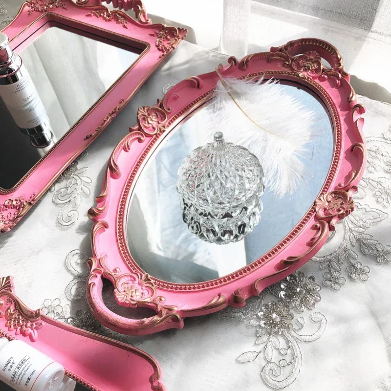 Oval Storage Tray Pink Retro Mirror Glass Food Tea Tray Household Jewelry Skin Care Product Organizer Wedding Home Decor