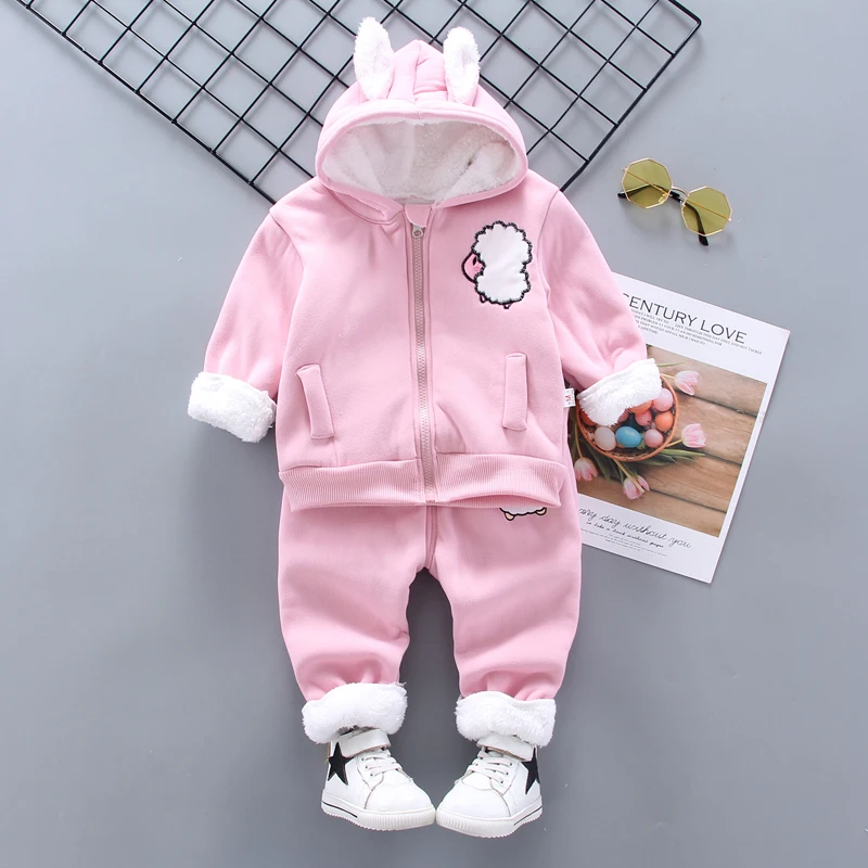 Kids Girls Thick Fleece Lined Woolly Sheep Hoodie Lamb Print Pant Suit Children Warm Winter Set 80-120