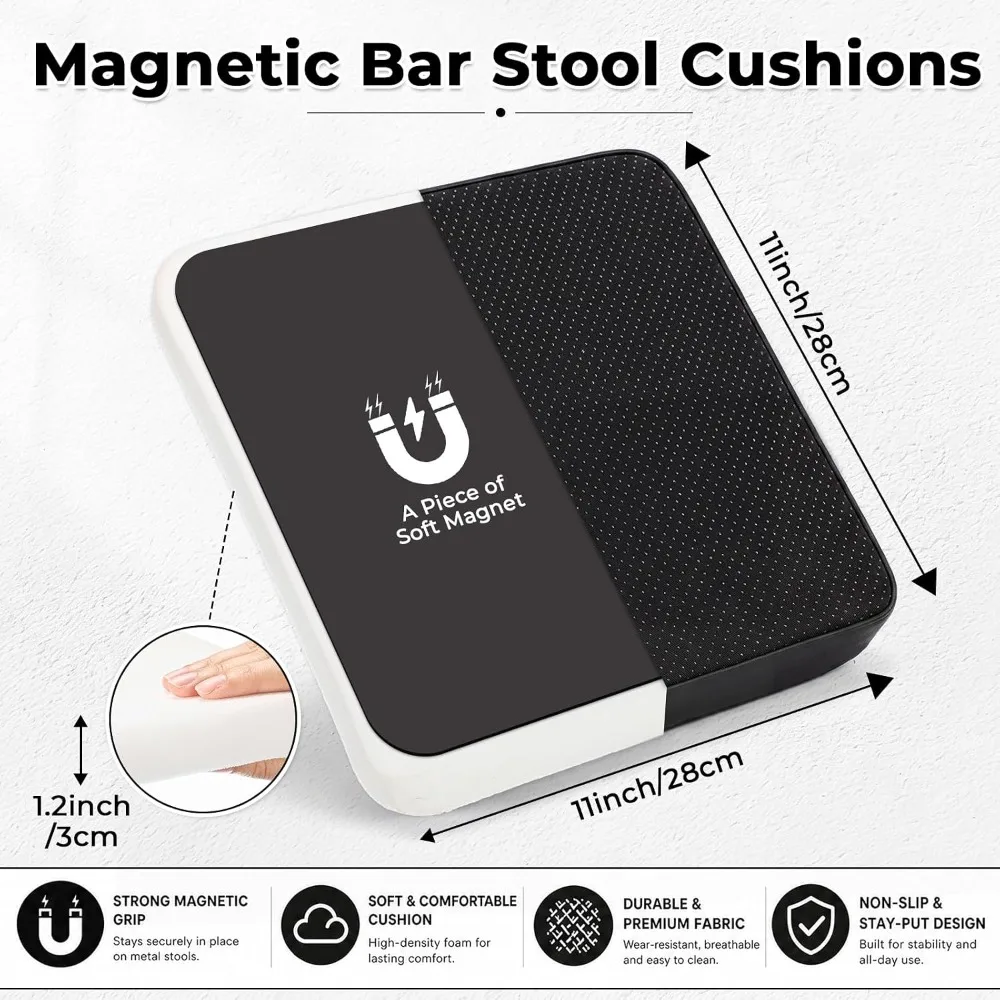 6 Pack Square Bar Stool Seat Cushions, Magnetic Black PU Leather, Non-Slip Bottom, 11x11x1.2 inch