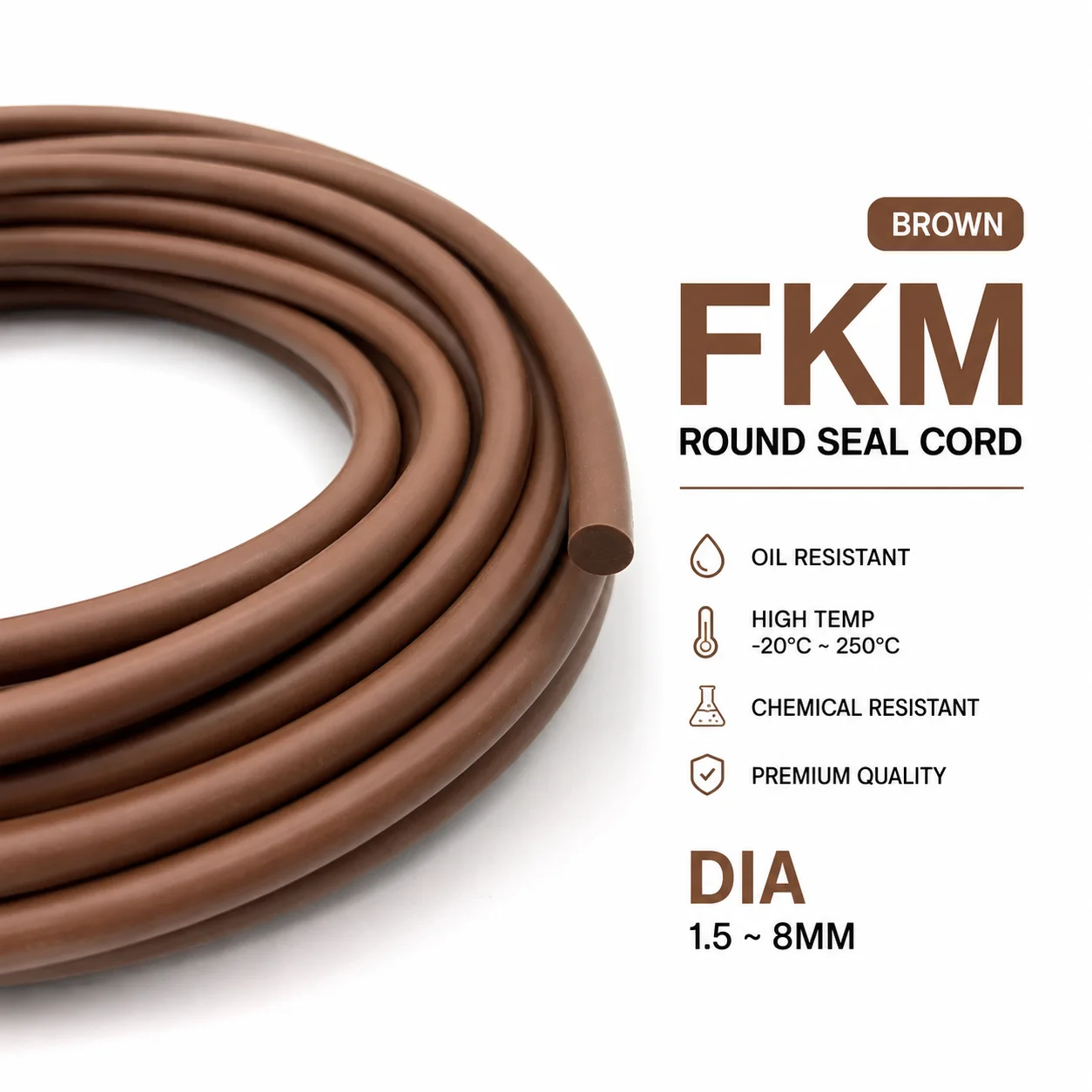 Brown FKM Seal Strip Dia 1.5~8mm Sealing Non Leakage/Anti-Aging/High Temperature Resistant Sealing Strip of Oil Circuit