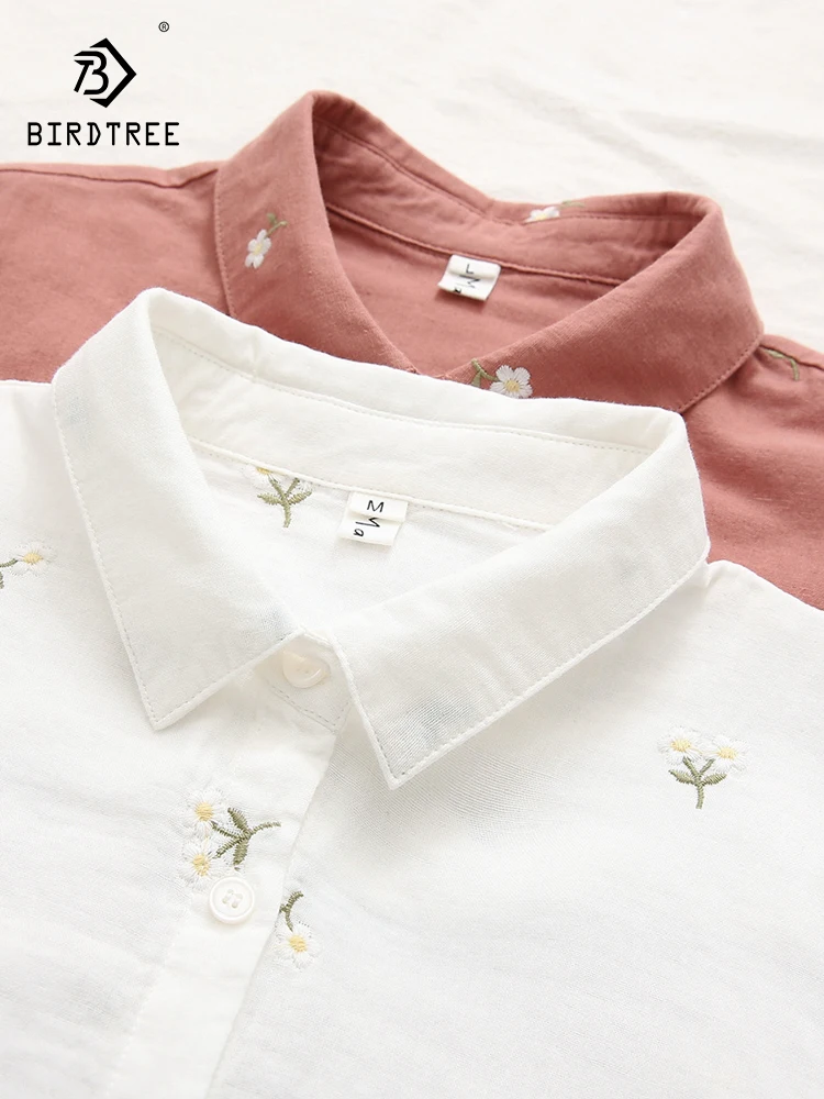 Chemises brodées de fleurs en coton pour femmes, col à revers, hauts basiques pour filles, manches longues, chemisiers amples, doux, printemps, T39544QC, nouvelle collection automne