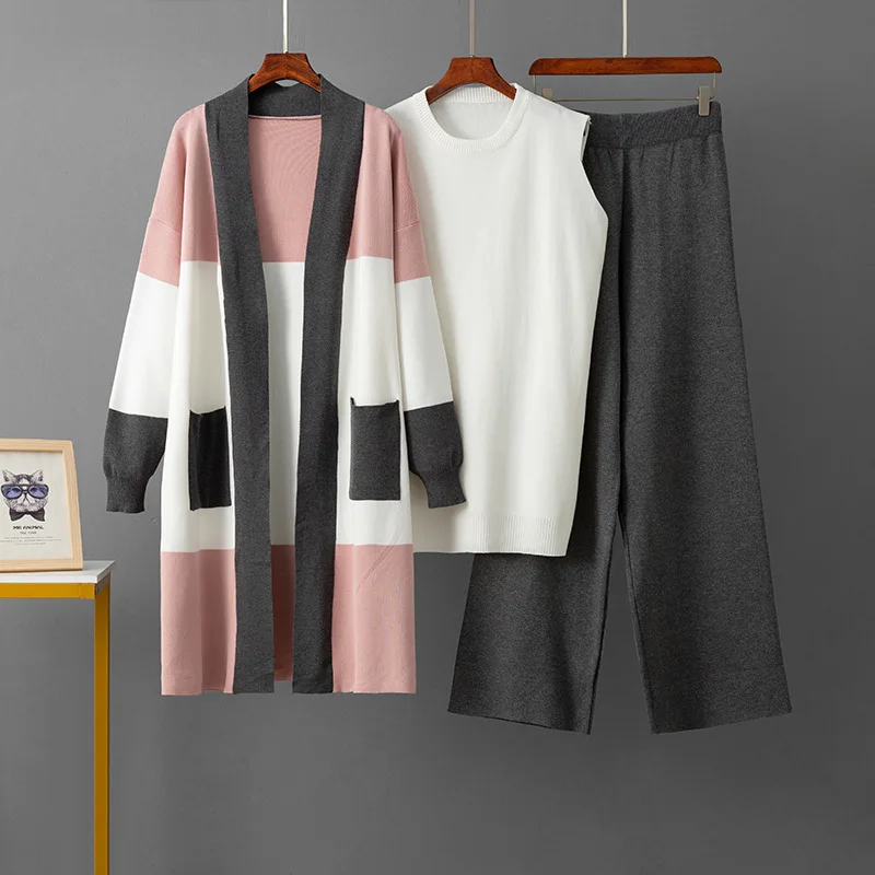 

Women's Fashion Casual Set: Mid-Length Sweater, Round Neck Vest, and Loose Wide-Leg Pants Three-Piece Set