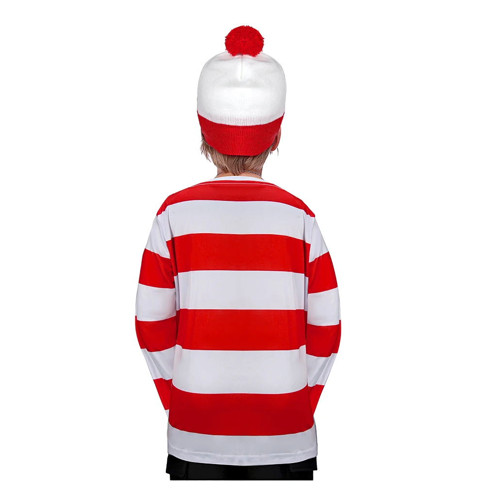 Wally kostium dla dzieci Waldo biała czerwone paski koszula okulary garnitur Halloween bożonarodzeniowe stroje Cosplay