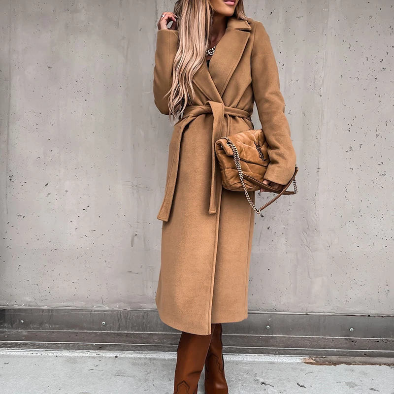 

Jocoo Jolee Autumn Winter Warm Long Women Woolen Coat with Belt Casual Elegant Solid Color Female Windbreakers 2022 Overcoat