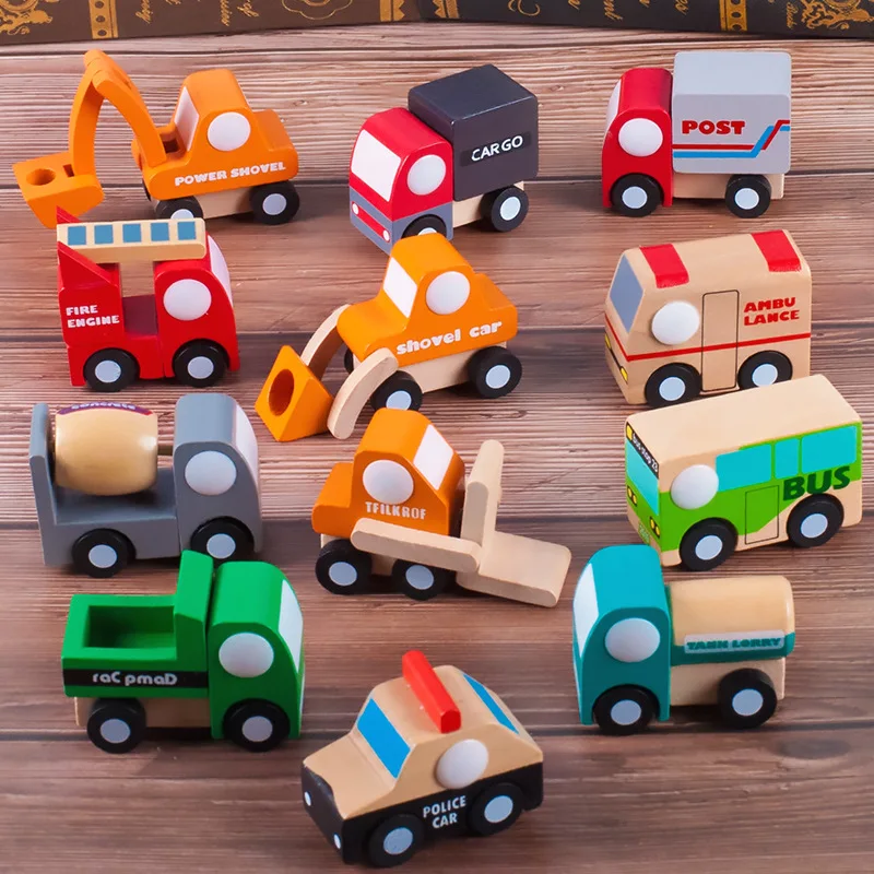 Twelve-piece set and wind series car baby cognition wooden environmental protection children's car engineering car model educati