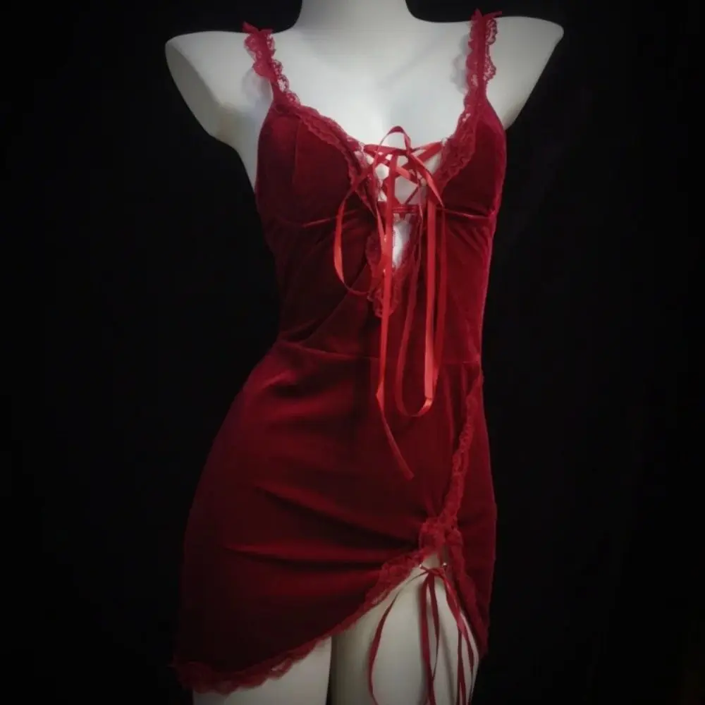 

Homewear with thong Suspender Nightdress Lace Bow Fork Design Slim Sling Nightgown Sleeveless Split Women's Pajama Dress Party