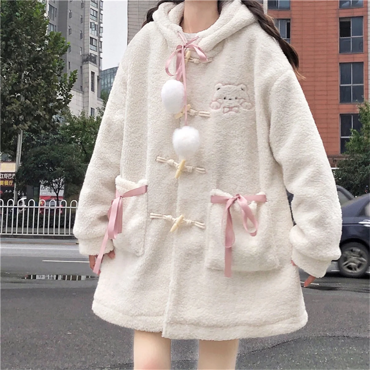 

Japanese Sweet Style Lolita Girls Cosplay Solid Color Winter Warm Fluffy Bear Coat Ribbon Bowknot Hairball Button Coat