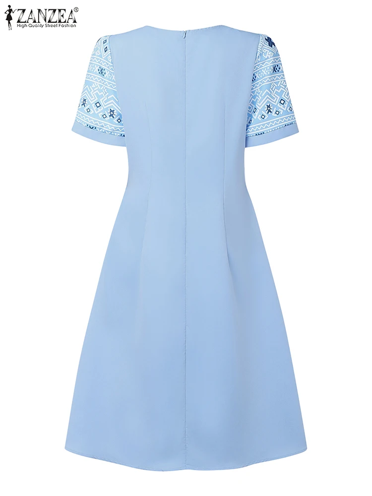 ZANZEA élégant taille ajustée a-ligne Robes femmes vacances ethnique géométrique imprimé Patchwork col rond manches courtes Midi Robes Femme