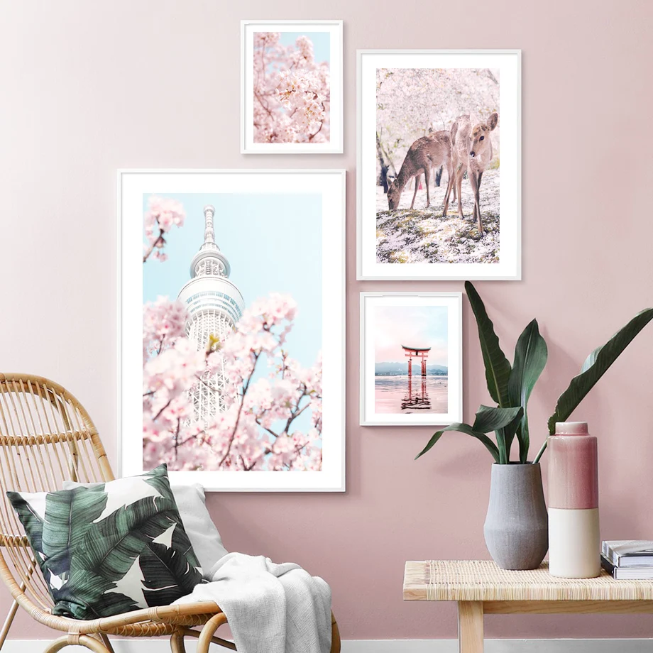 Canvas Poster Seni Dinding Rusa Gunung Fuji Sakura Tokyo Jepang dan Lukisan Kanvas Cetak Gambar Nordik untuk Dekorasi Ruang Tamu