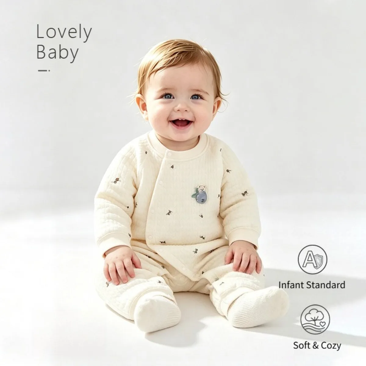 Fall Winter Cotton Quilted Baby Romper Side Snaps Soft Jumpsuit with Embroidered Cartoon for Infant Boys Girls 6-18M Thickened