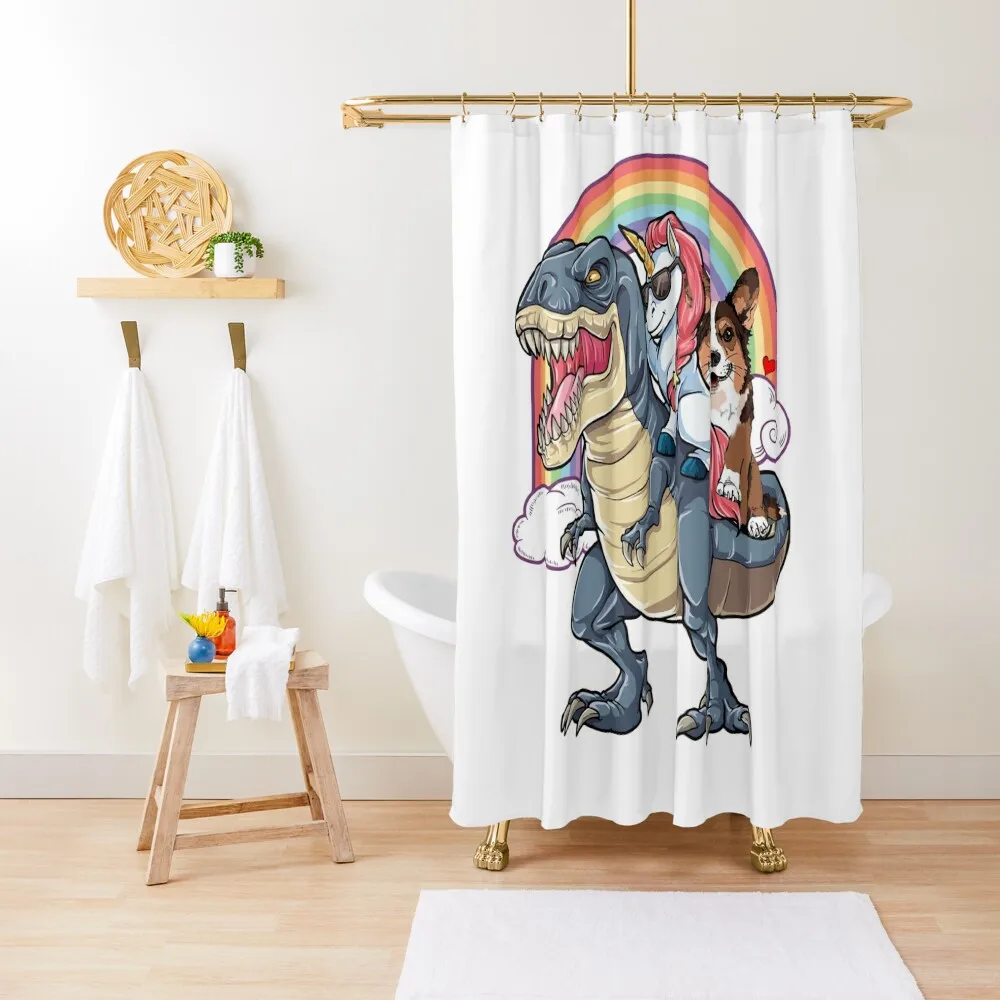 Corgi Unicorn Ride T-rex Shower Curtain For Bathrooms Modern Accessory Bathrooms Shower For Bathroom Curtain