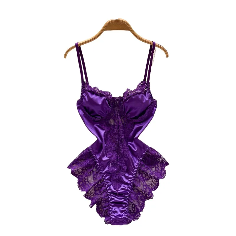 Woman Satin Sexy Comfortable Bodysuits Fashion Strap Backless Slim Bodysuits Lace Spliced Sheer Sexy Playsuits New