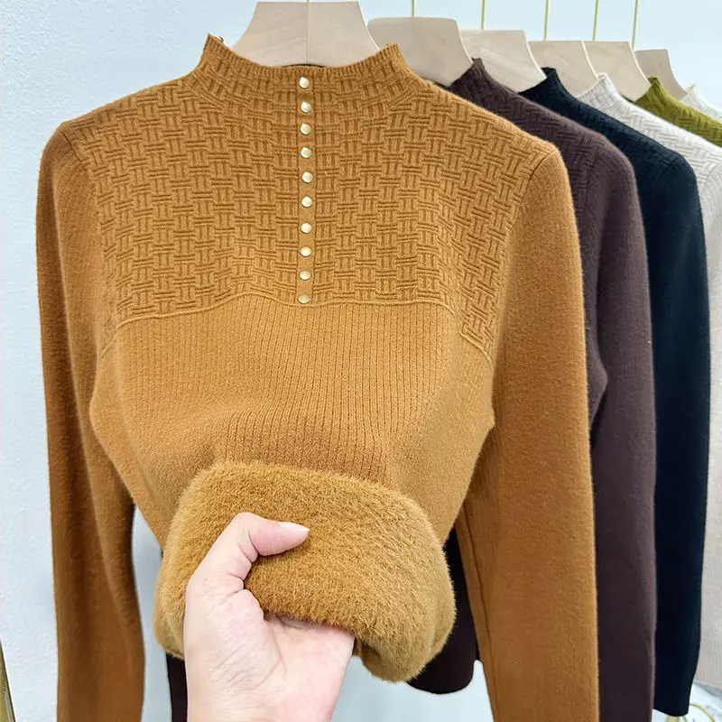 Women Winter Half turtleneck Plush Lined Sweater Casual Thicken Warm Knit Tops Korean Pullover Soft Plus Velvet Knitwear Jumper