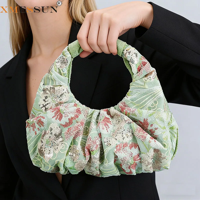 Neue Pailletten-Stickerei-Handtaschen für Damen, Modische Süße Niedliche Blumen-Strandtaschen Glänzende Sommer-Wolkentasche Hochzeit Party Abendtasche