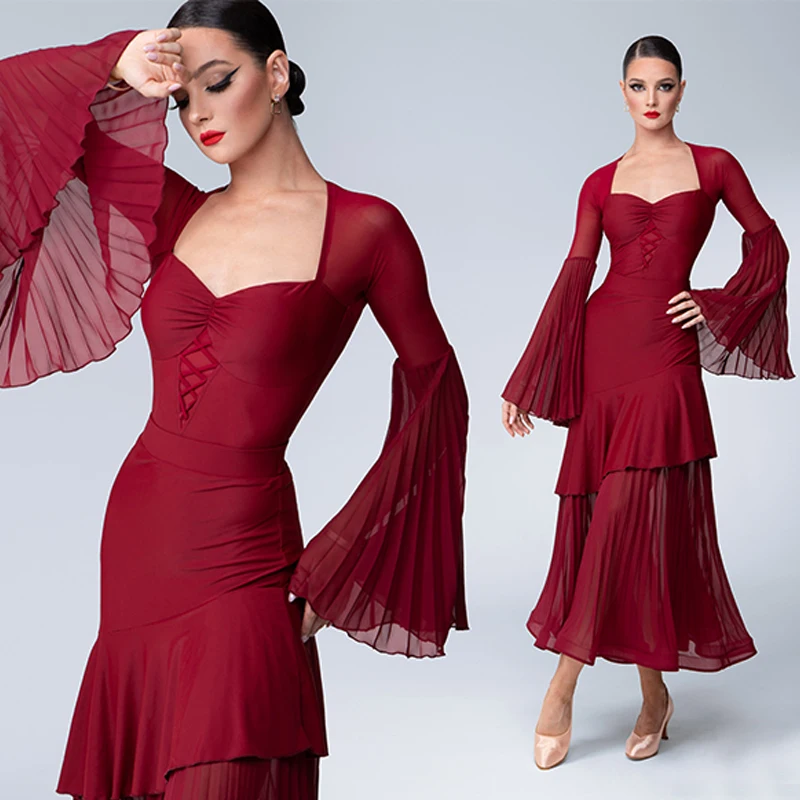 Red Flared Sleeves Latin Dance Clothing Women'S Waltz Ballroom Dance Professional Dresses Adults Modern Dancing Wear SL11019