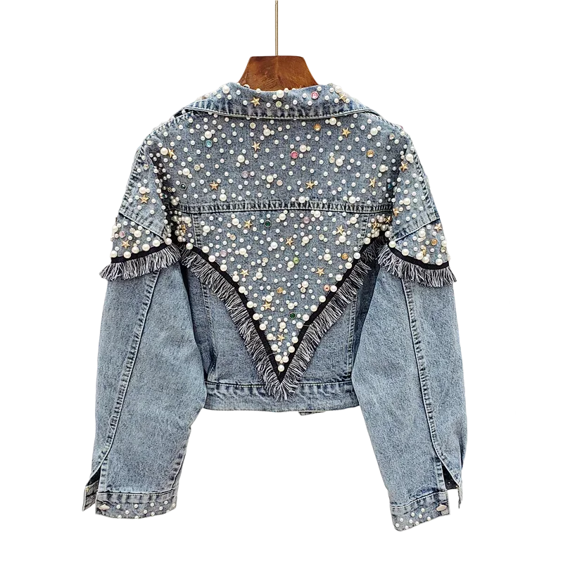 

2024 New Mujer Spring Autumn Streetwear Denim Jacket Women Hand-studded Pearls Punk Tassel Veste Femme Loose Short Jeans Coats