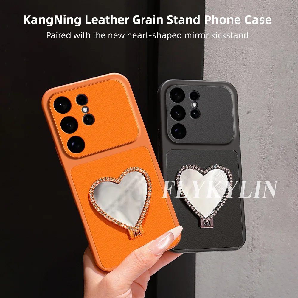 For Samsung A17 A27 A37 A57 A07 A16 A26 A36 A56 A06 4G 5G Litchi Skin Shock-absorbing Phone Case With Heart-shaped Mirror Holder