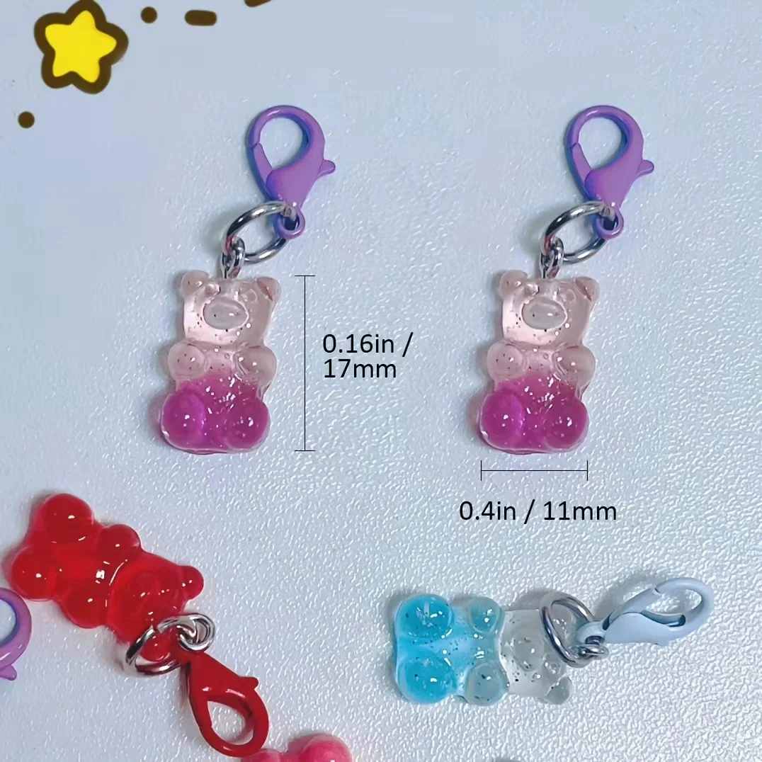 11 pieces of colorful resin bear pendants and keychains, which can be hung on car keys, wallets, and handbags.